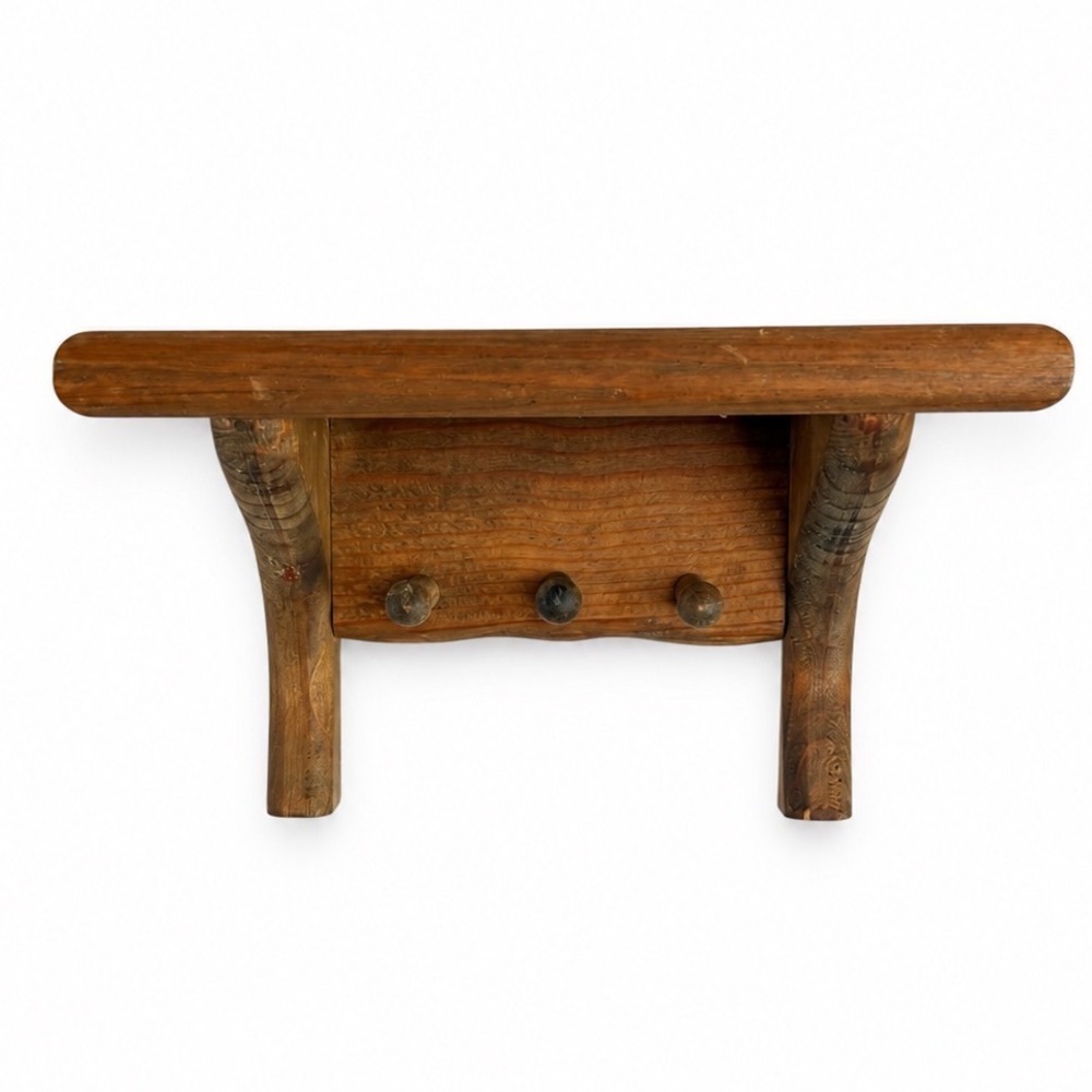 Vintage Wooden Wall Shelf Small Brown Good Rustic 3-Peg Key Rack Entryway